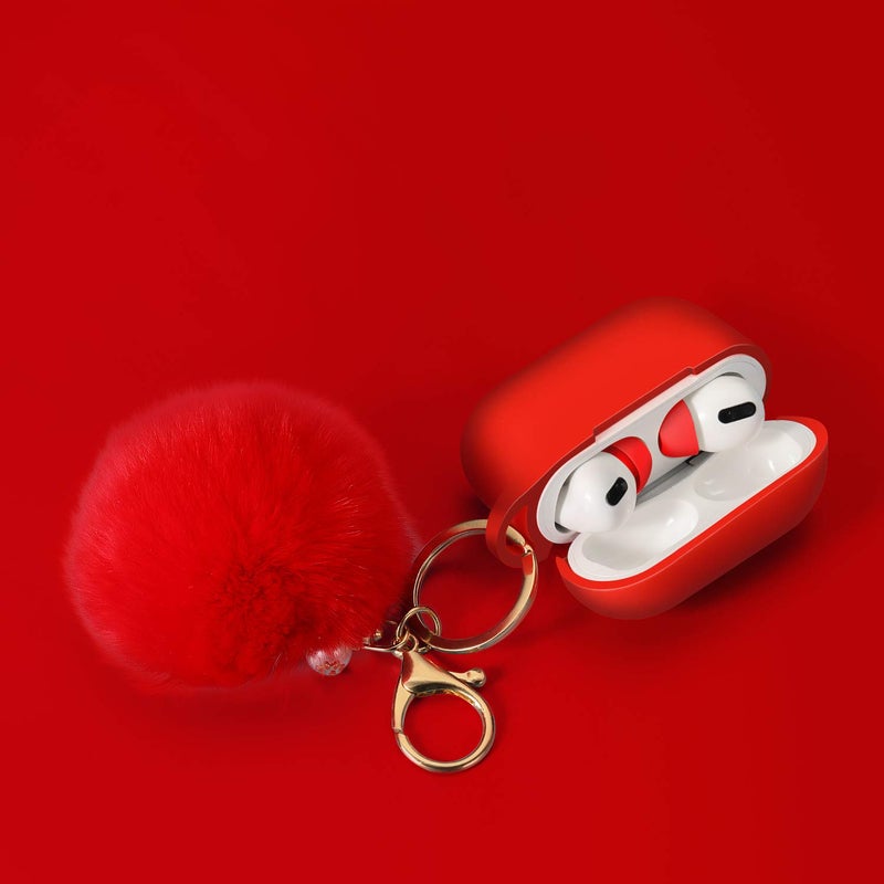 Cypher.V Protective Case Cover for Airpods Pro Charging Case with Ear Tips 1 Pair Kit, Air Pods Silicone Case with Soft Cute Ball Pom Pom Keychain Kit Together with Ear Buds Tips 2&1 (X, Red) - Image 2